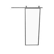 Architectural Air Lite barn door with narrow steel frame and full glass lite, contemporary interior slider