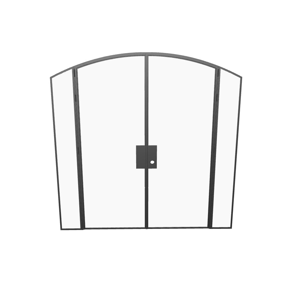 Slim-frame double arch steel door with side windows and refined lines.
