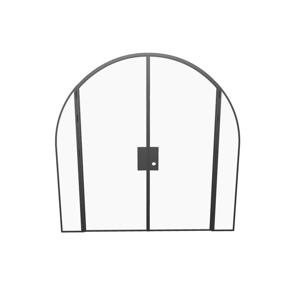 Architectural double full arch steel door with integrated sidelights and refined minimalist proportions.