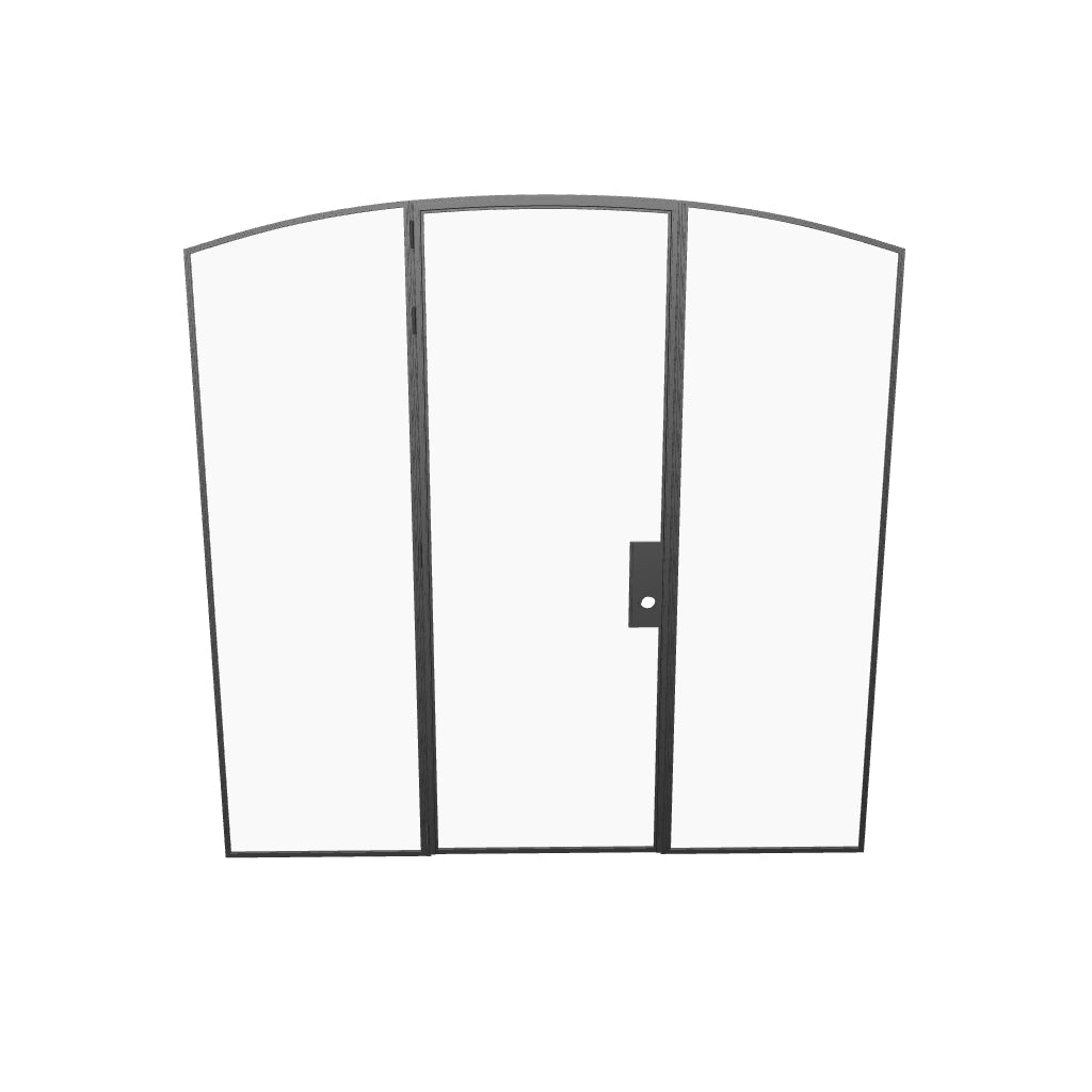 Modular single arch steel door with side windows and refined modern styling.