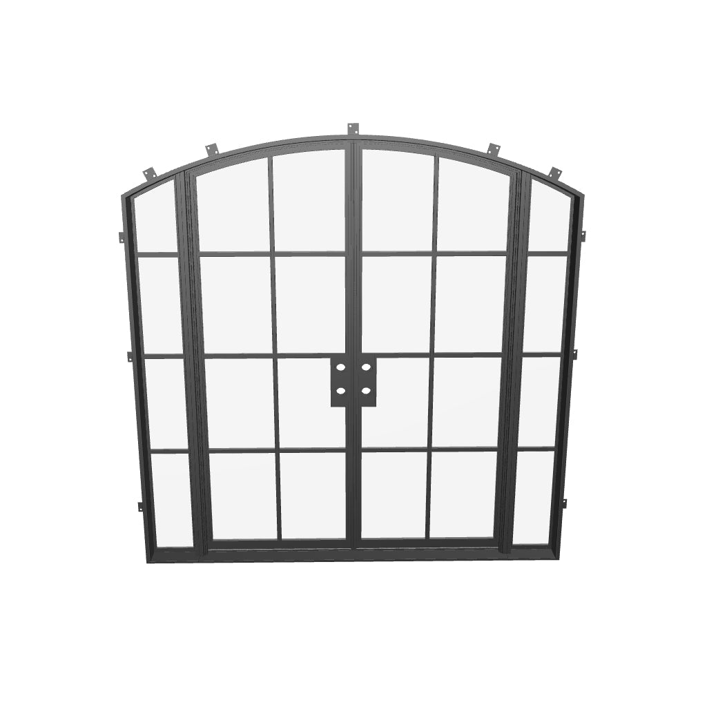 Designer double arch exterior steel door with tempered sidelites