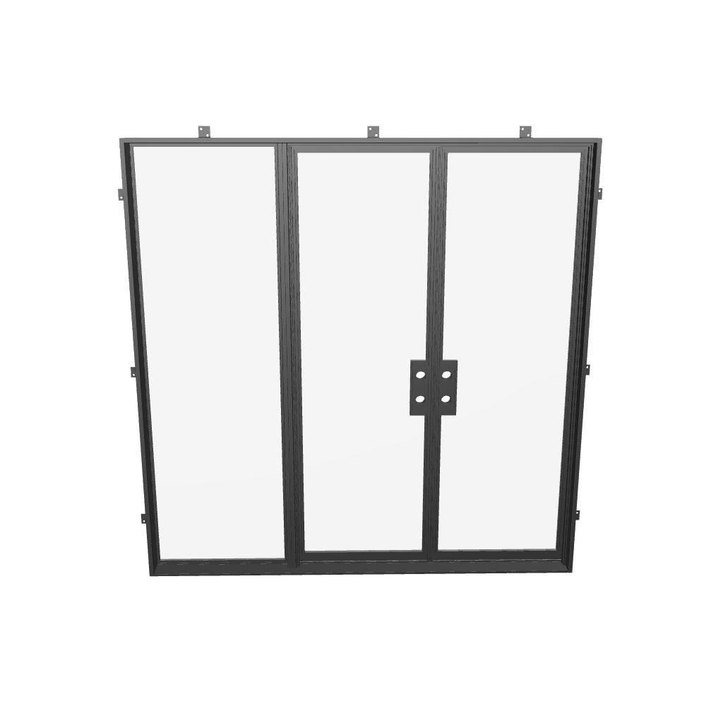 Double flat steel doors with left side window, NFRC-rated and pre-hung.