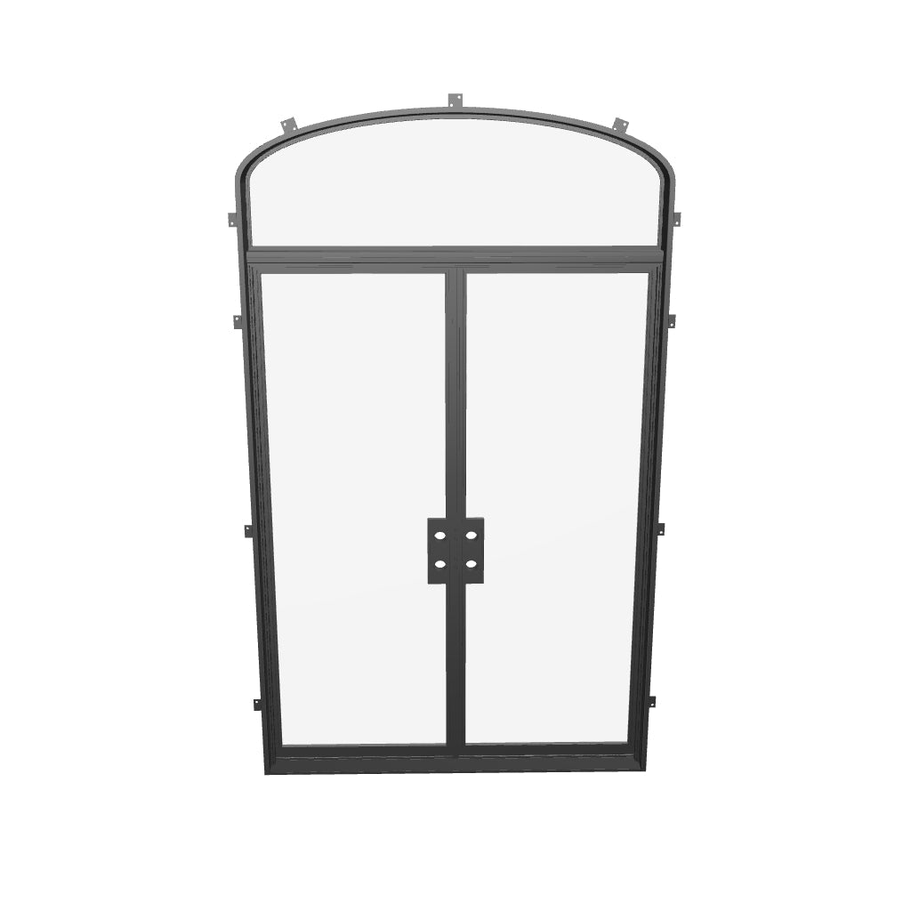 Double flat steel entry with mini arch transom glass.