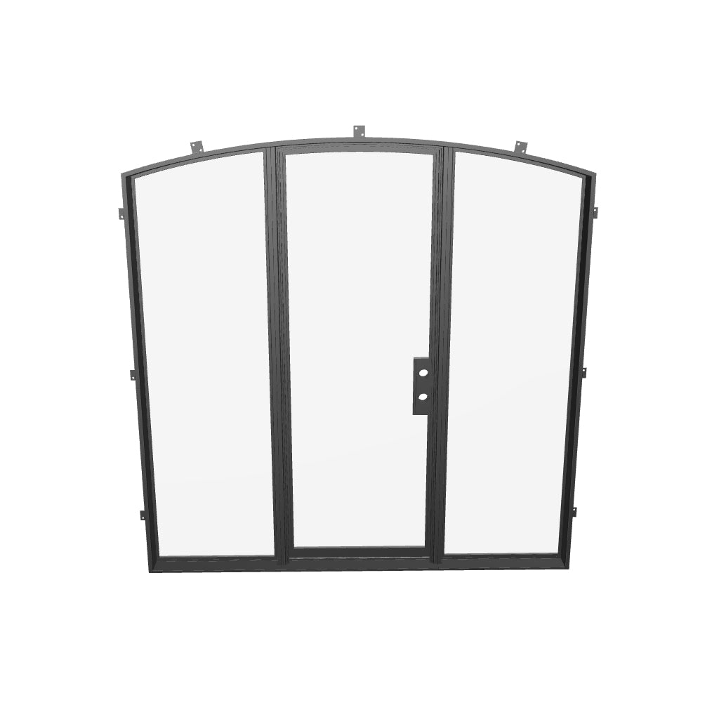Exterior arch steel door system with side windows.