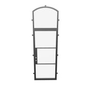 slim black steel single flat door, arch top glass, thermally broken, dual pane tempered