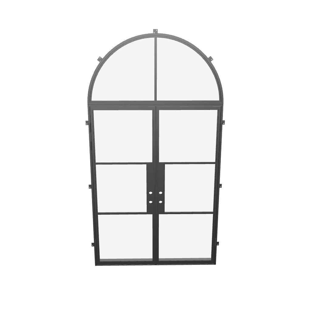 Air 4 double flat exterior doors with arched transom and strong frame