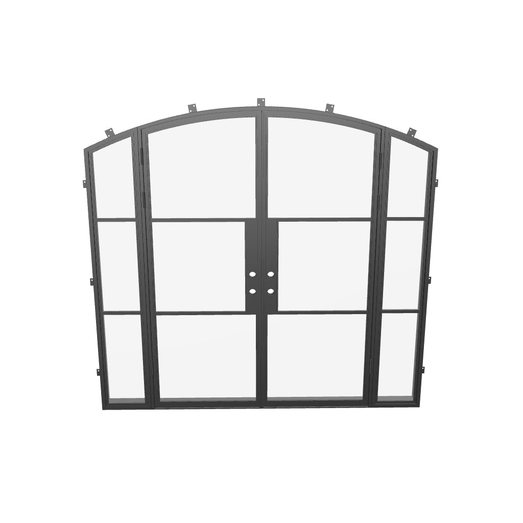Modern double arch steel front door with thermal barrier and side windows