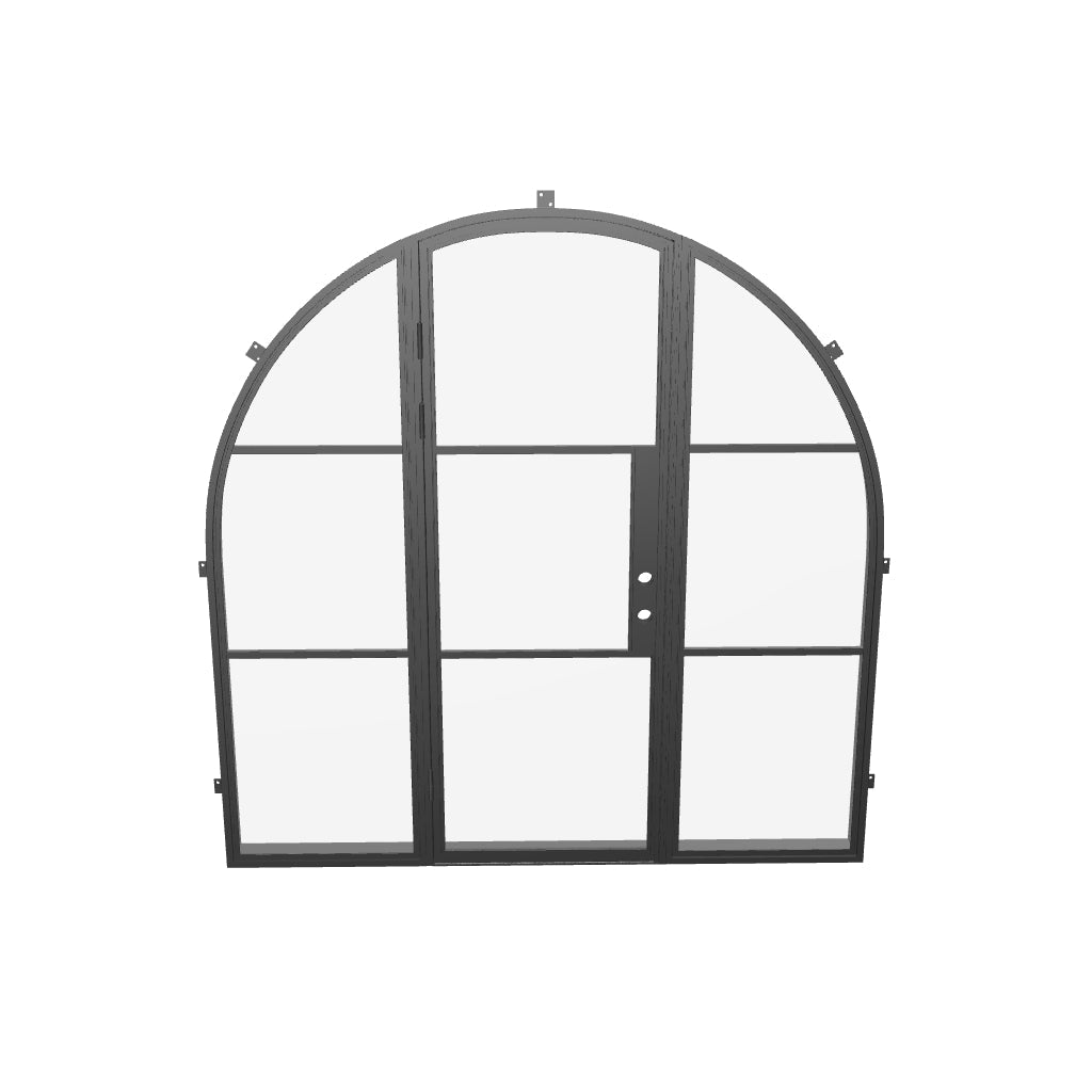 Contemporary single arched steel door with sidelights
