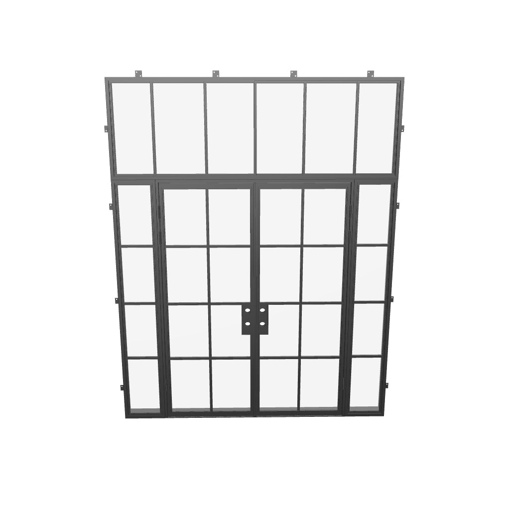 Air 5 double flat narrow profile steel door with sidelights and flat transom