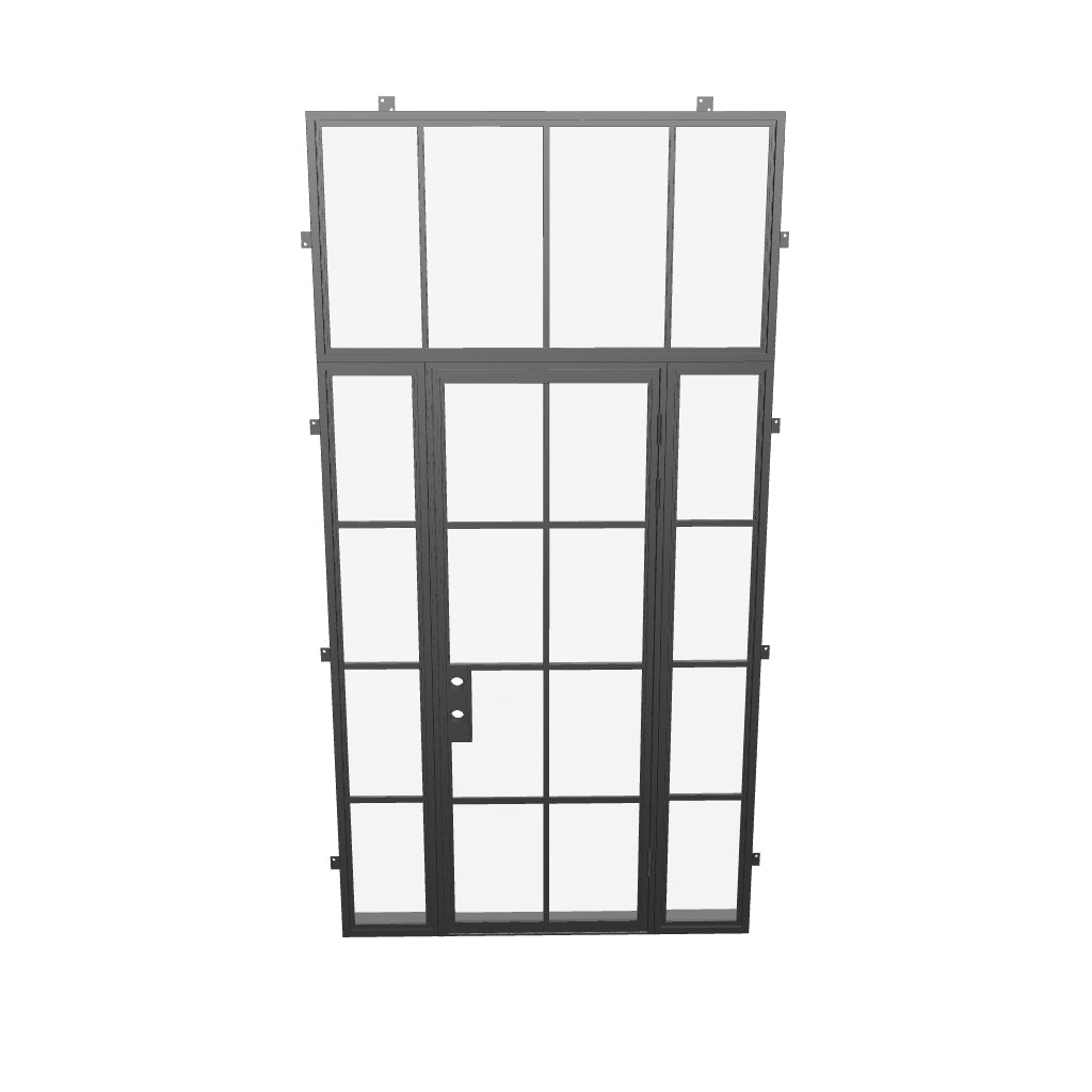 minimalist steel entry door with sidelights and transom and thermal break