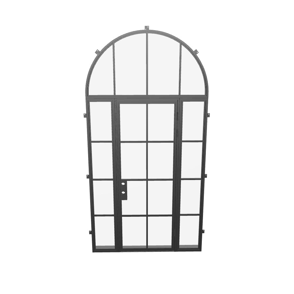sleek single entry door with sidelights and curved top window and insulated steel