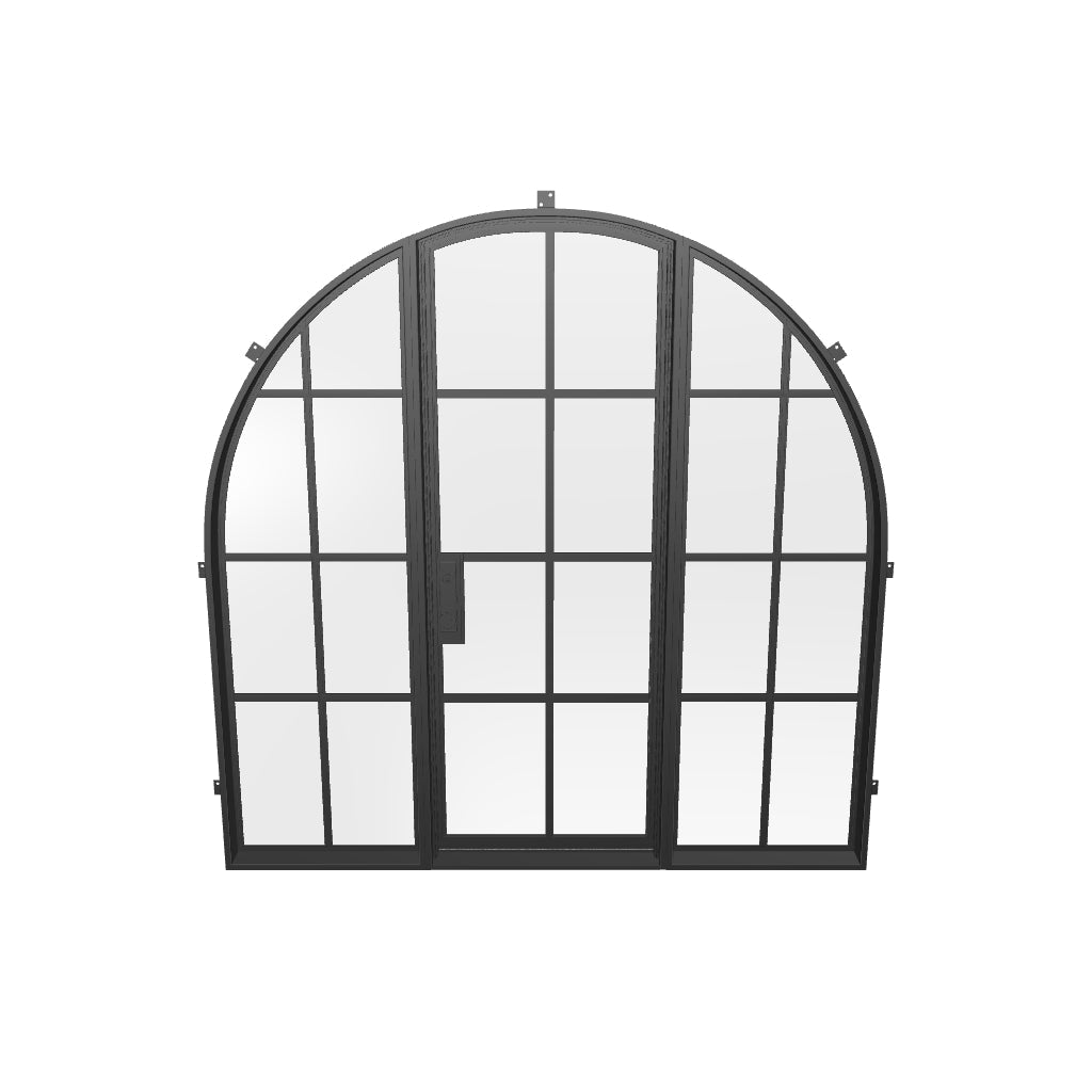 Designer single full arch exterior steel door and side glass