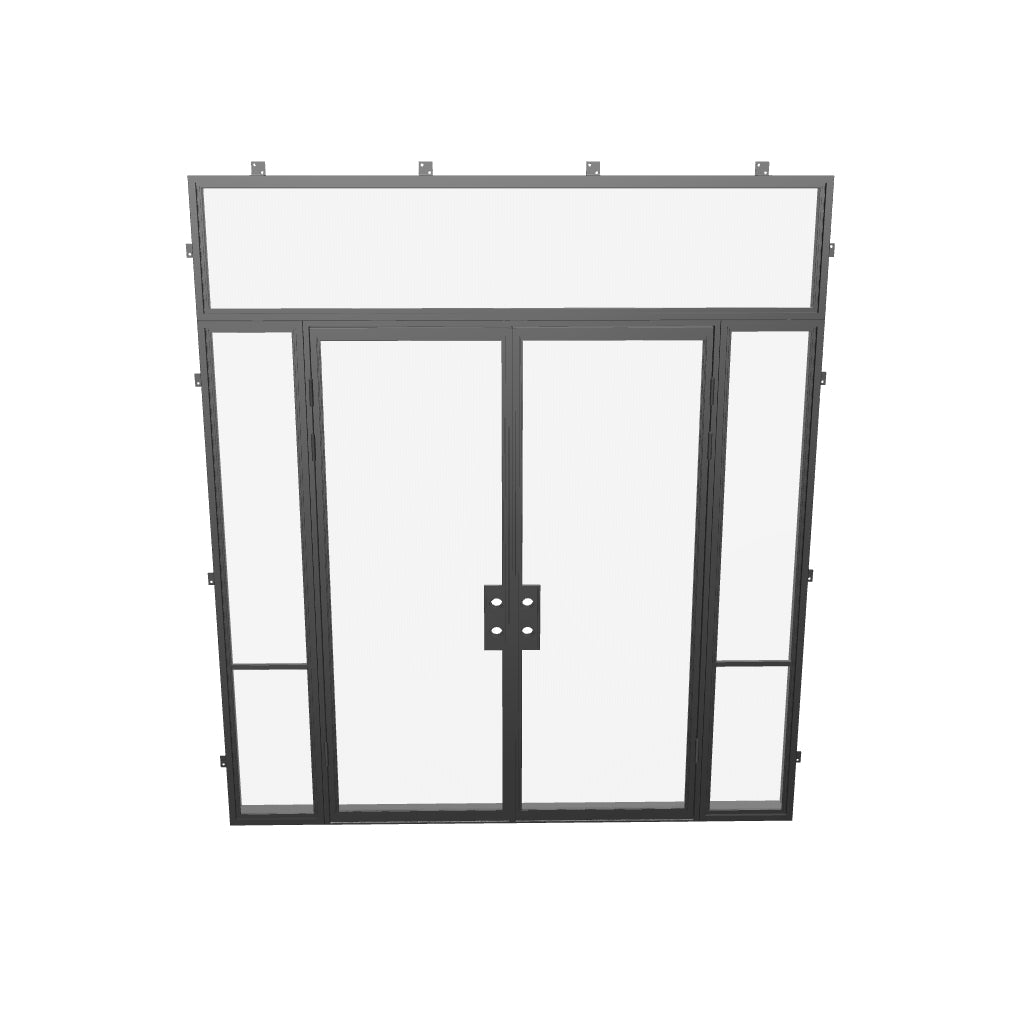 Modern thermal break steel double entry doors with sidelights and flat top window, insulated galvanized steel construction
