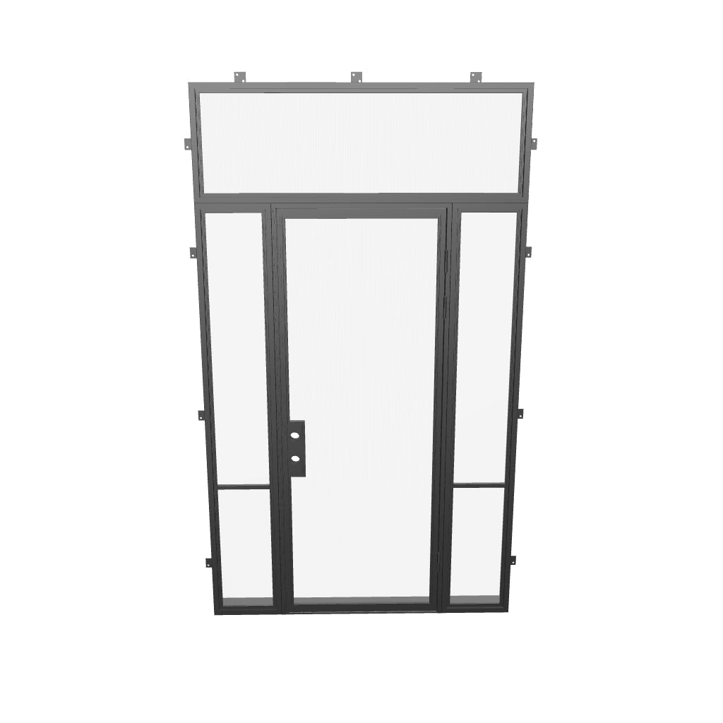 Air Grand steel exterior door with side windows and flat transom glass, galvanized steel build and dual-pane tempered Low-E glass