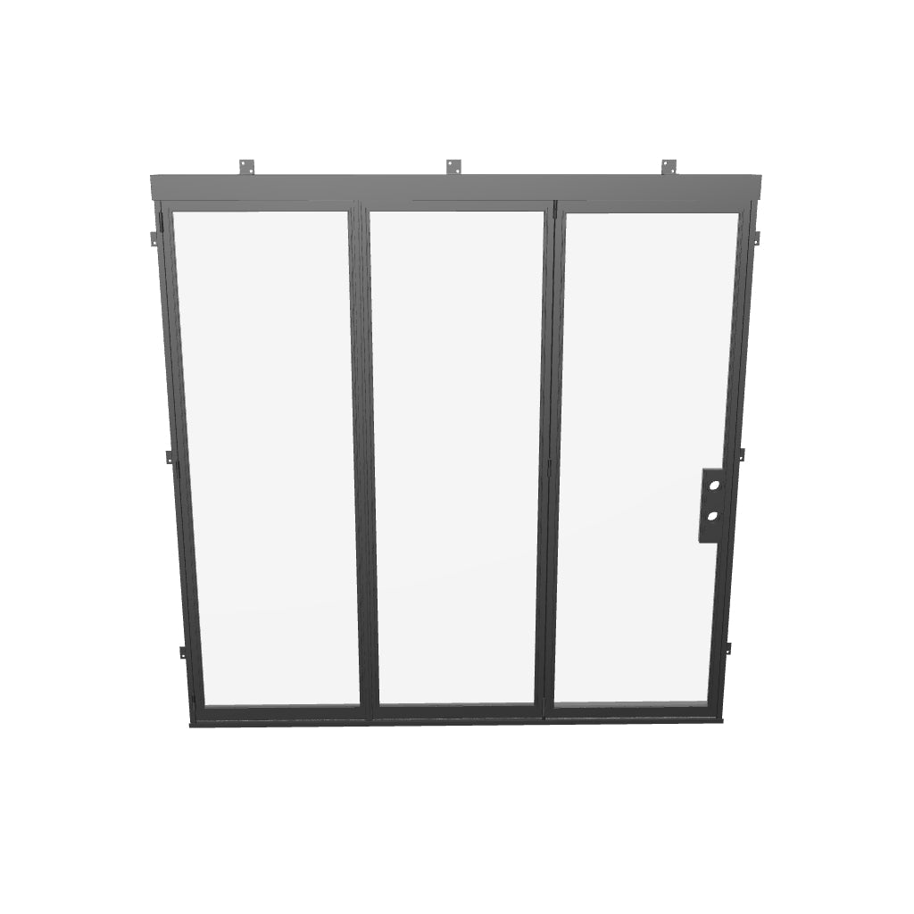 Large-format bi-fold steel doors with clean architectural lines.