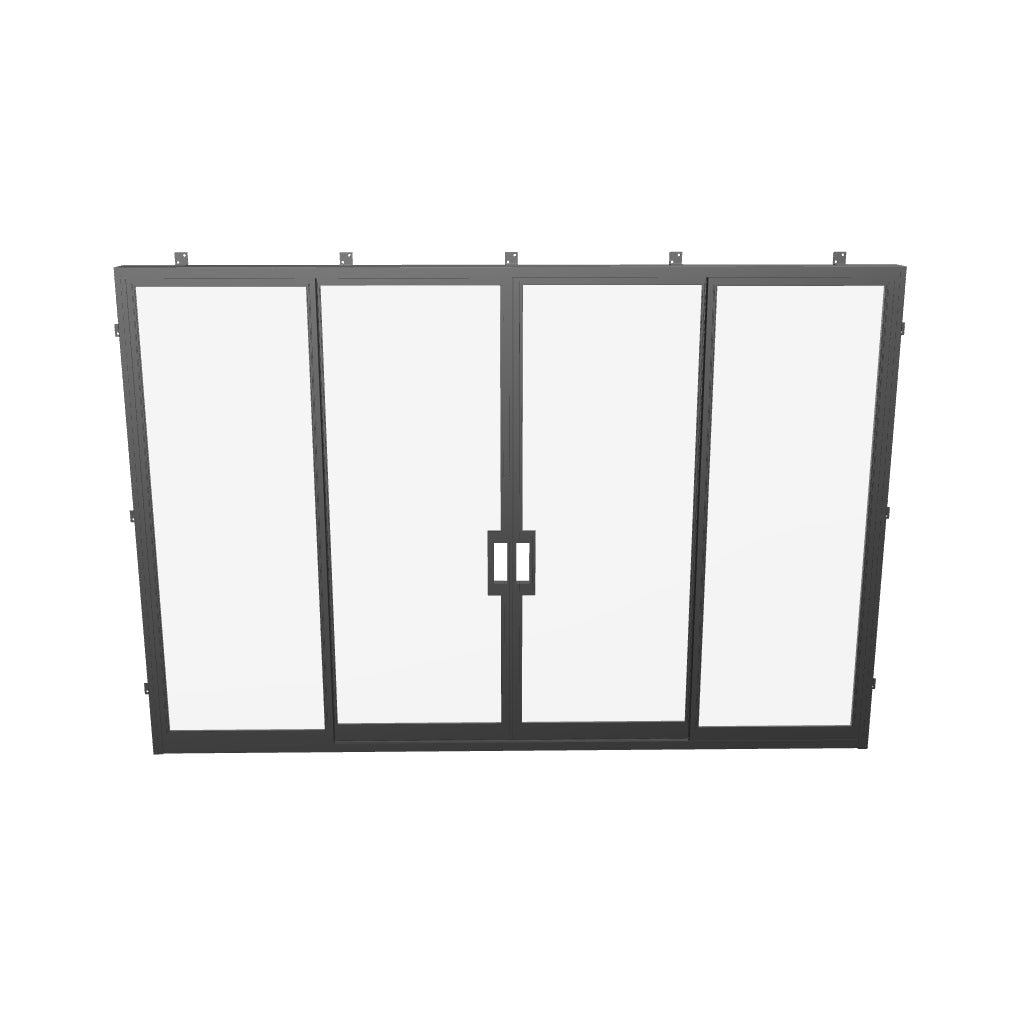 Contemporary center split glass steel sliders.