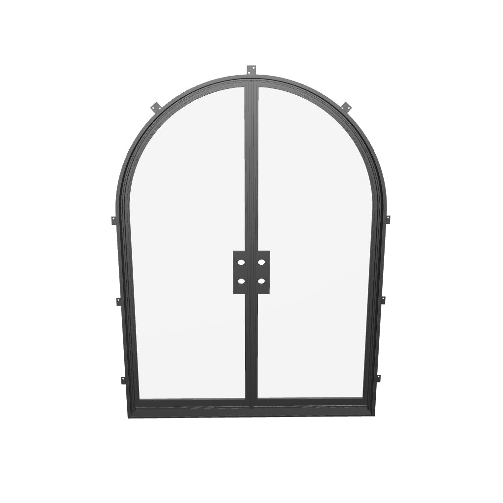 High-end arched double steel entry system with dual-pane insulated glass