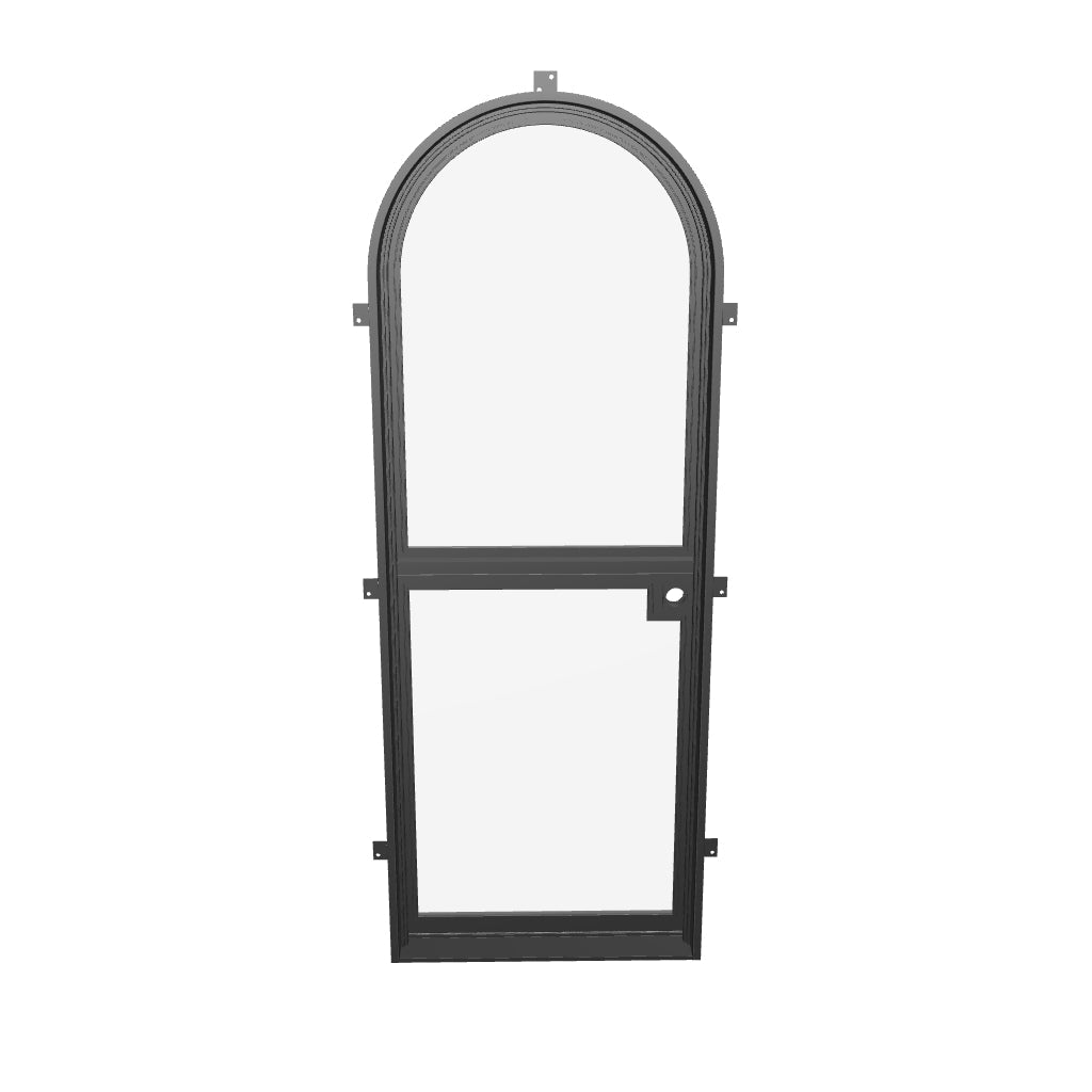 Dutch arch pre-hung steel door with mounting tabs and insulated glass.