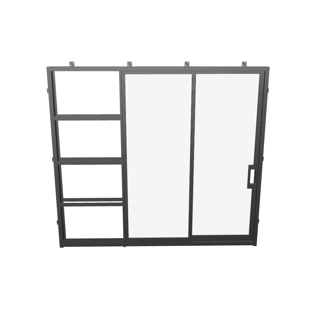 Space-saving pocket sliding steel glass door.
