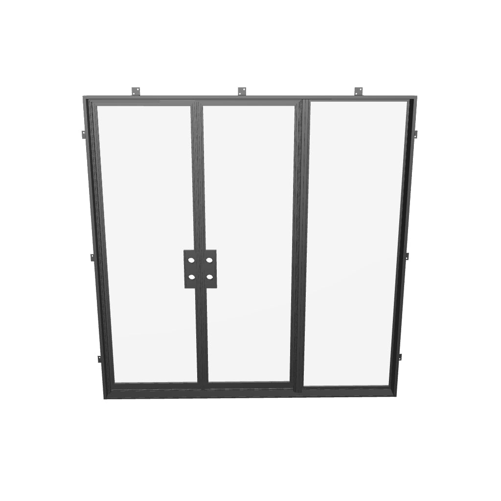 Double steel doors with narrow frame and sidelight.