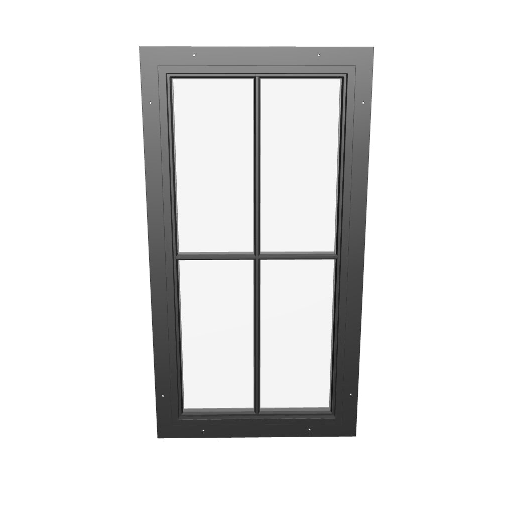 fixed portrait steel window with vertical and horizontal muntins
