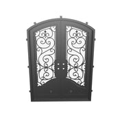 Beverly double iron door with arched style and glass in bronze shade.