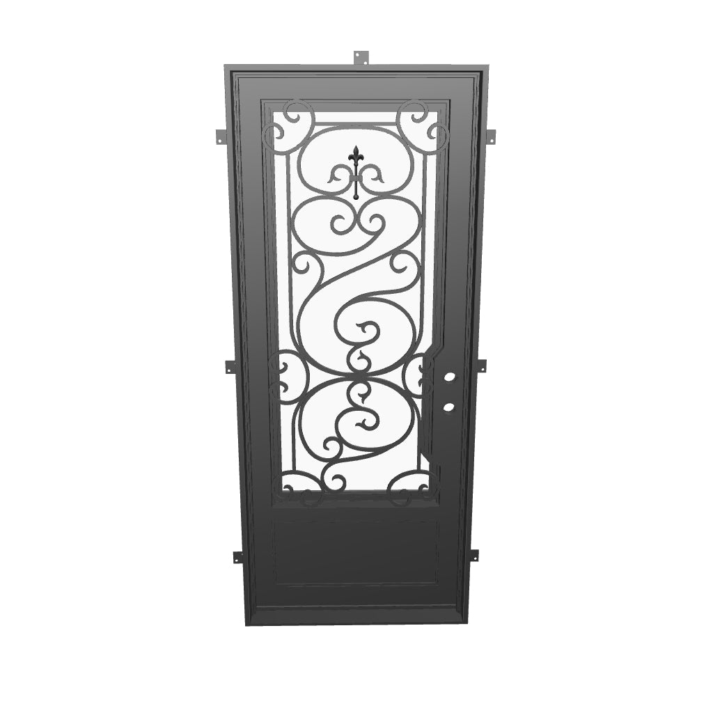 Beverly Black pre-hung flat top single door with glass and decorative scrollwork.