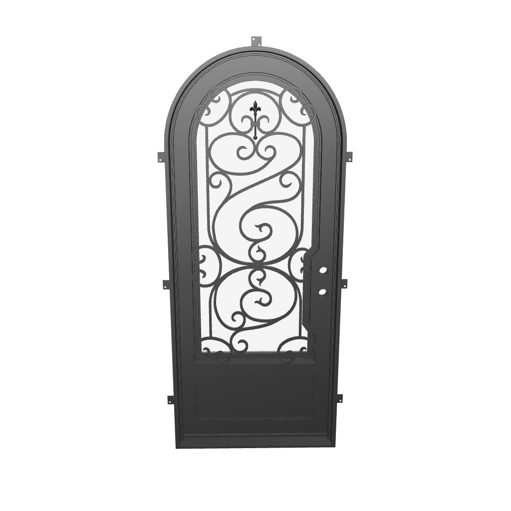 Beverly radius top door with thermal barrier and efficient glass in black color.