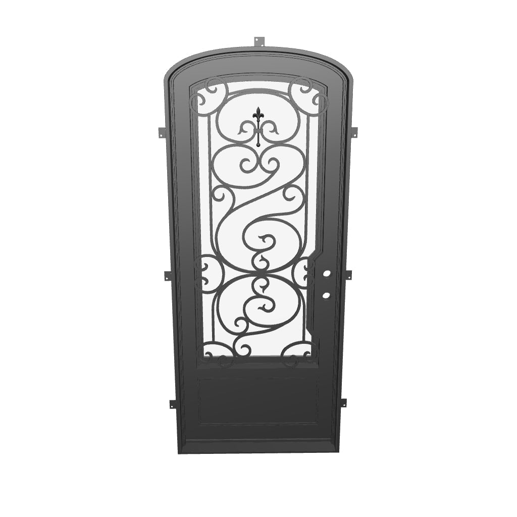Beverly single mini arch top iron entry door with decorative scrollwork in bronze color.