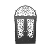 Beverly french swing door with round top transom in bronze color.