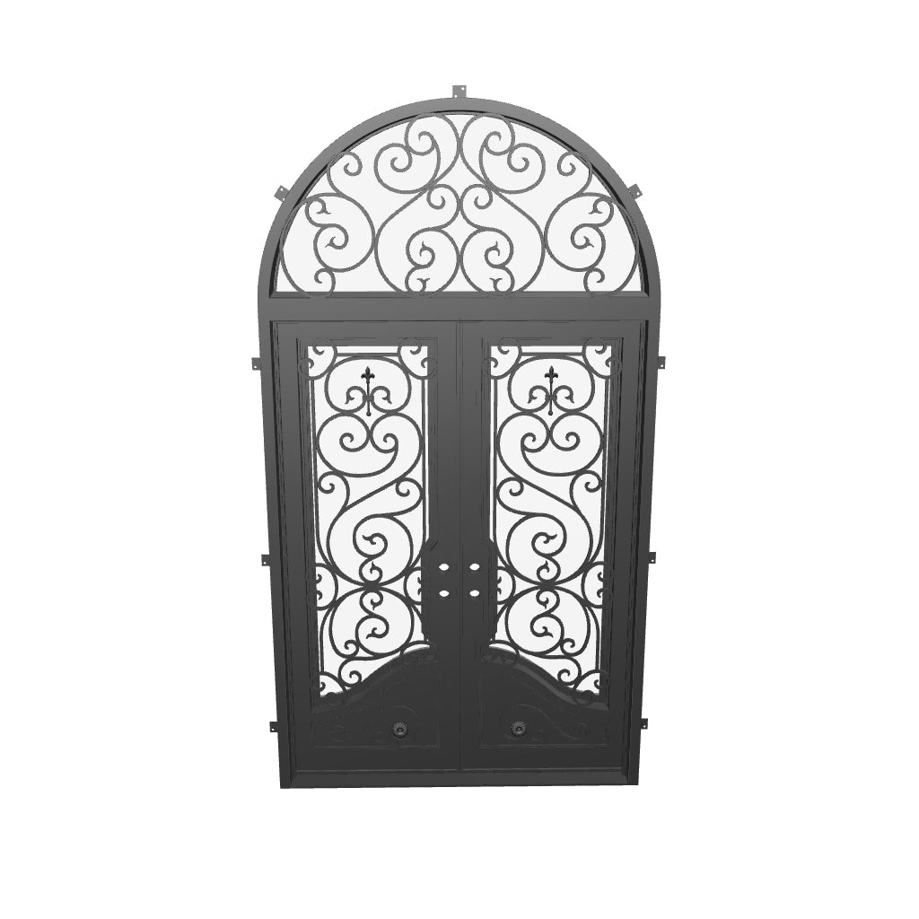 Beverly swinging iron french door with thermal barrier and radius top window.