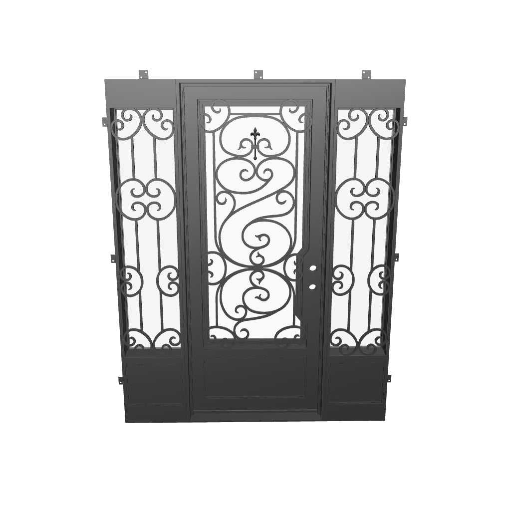 Beverly iron door with side windows and ornate ironwork in bronze color.