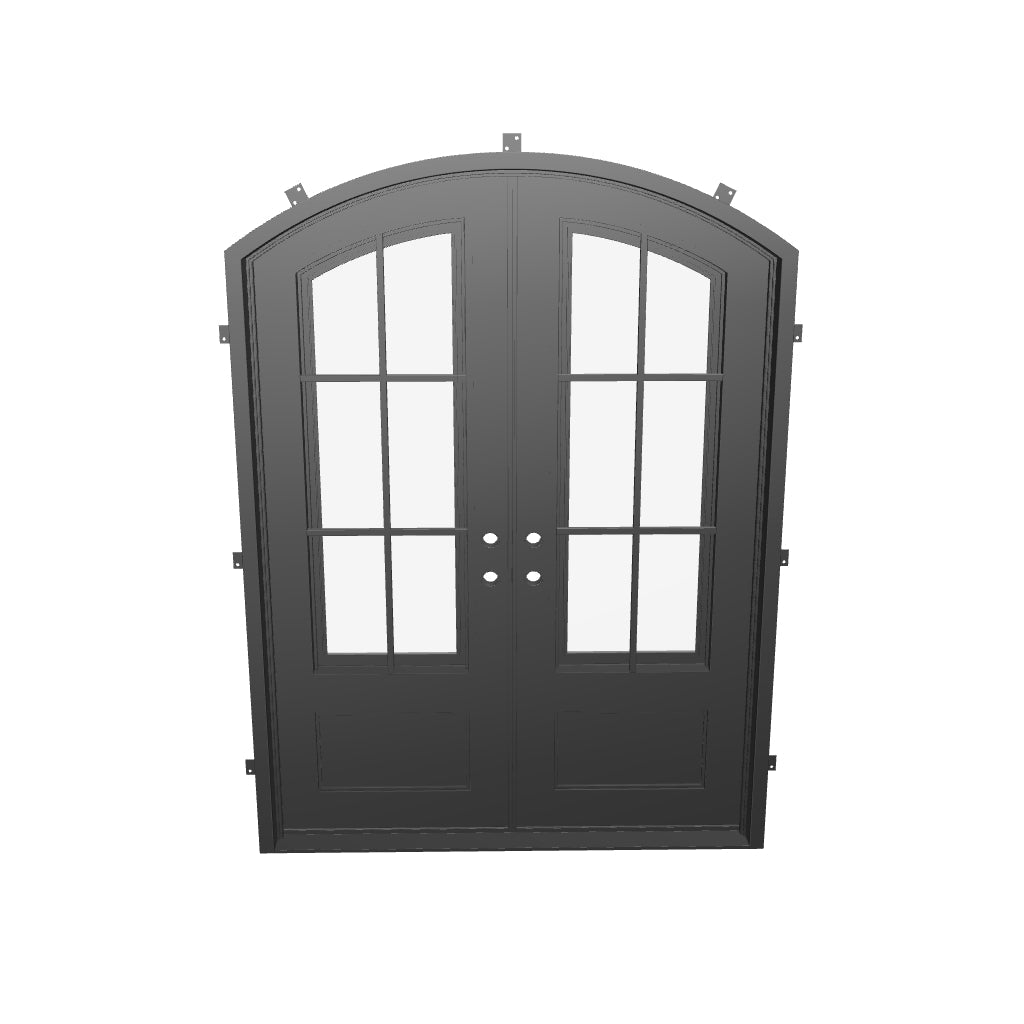 Bristol double door in bronze finish with glass windows and arched top.