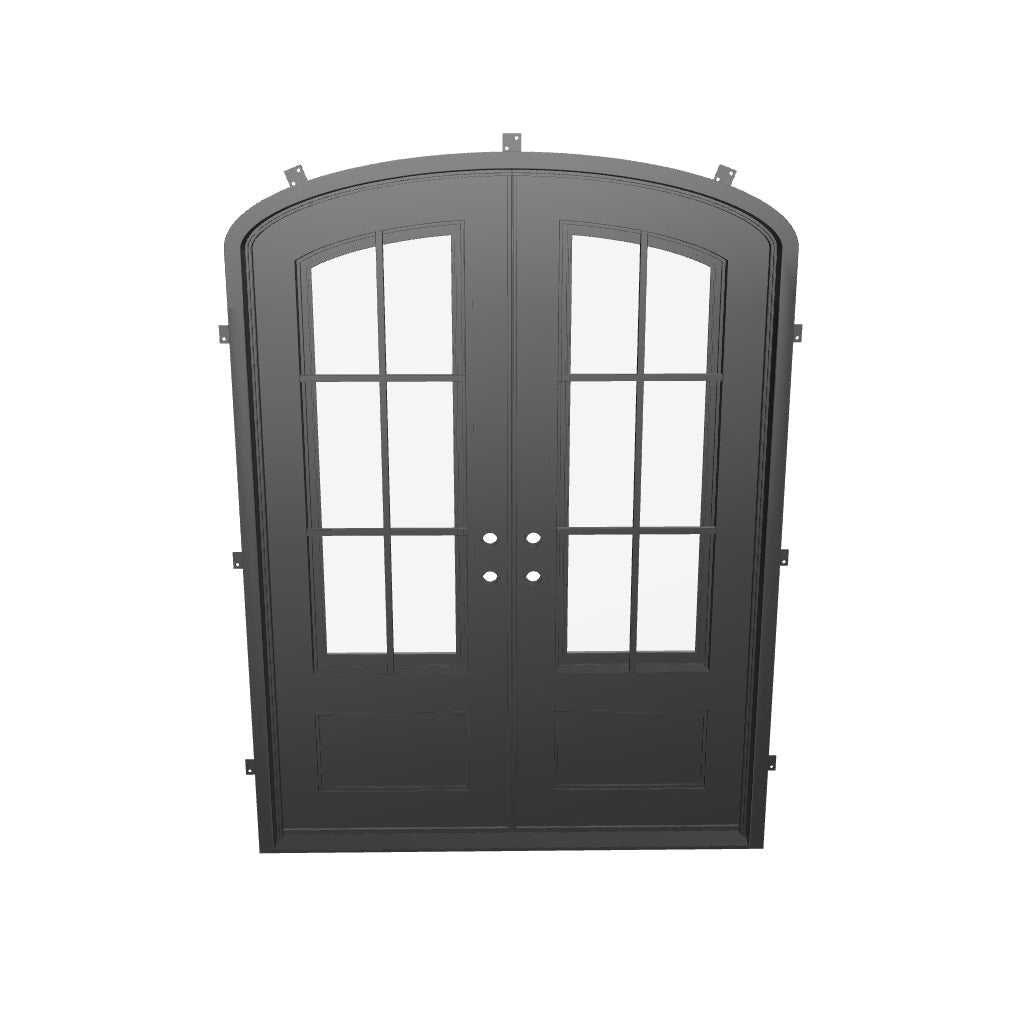 Bristol double iron door with arched design and glass in bronze finish.