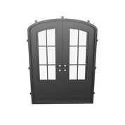 Bristol double iron door with arched design and glass in bronze finish.