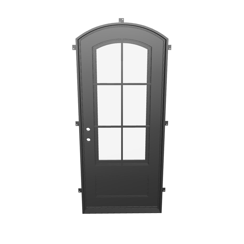 Bristol pre-hung bronze color wrought iron arch top door with glass panel.