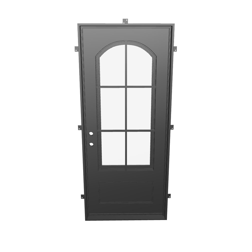 Bristol Pre-hung black iron flat top single door with energy efficient glass.