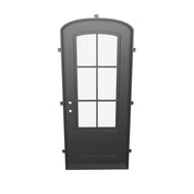 Bristol single mini arch top iron swing door with minimalist metalwork and glass.