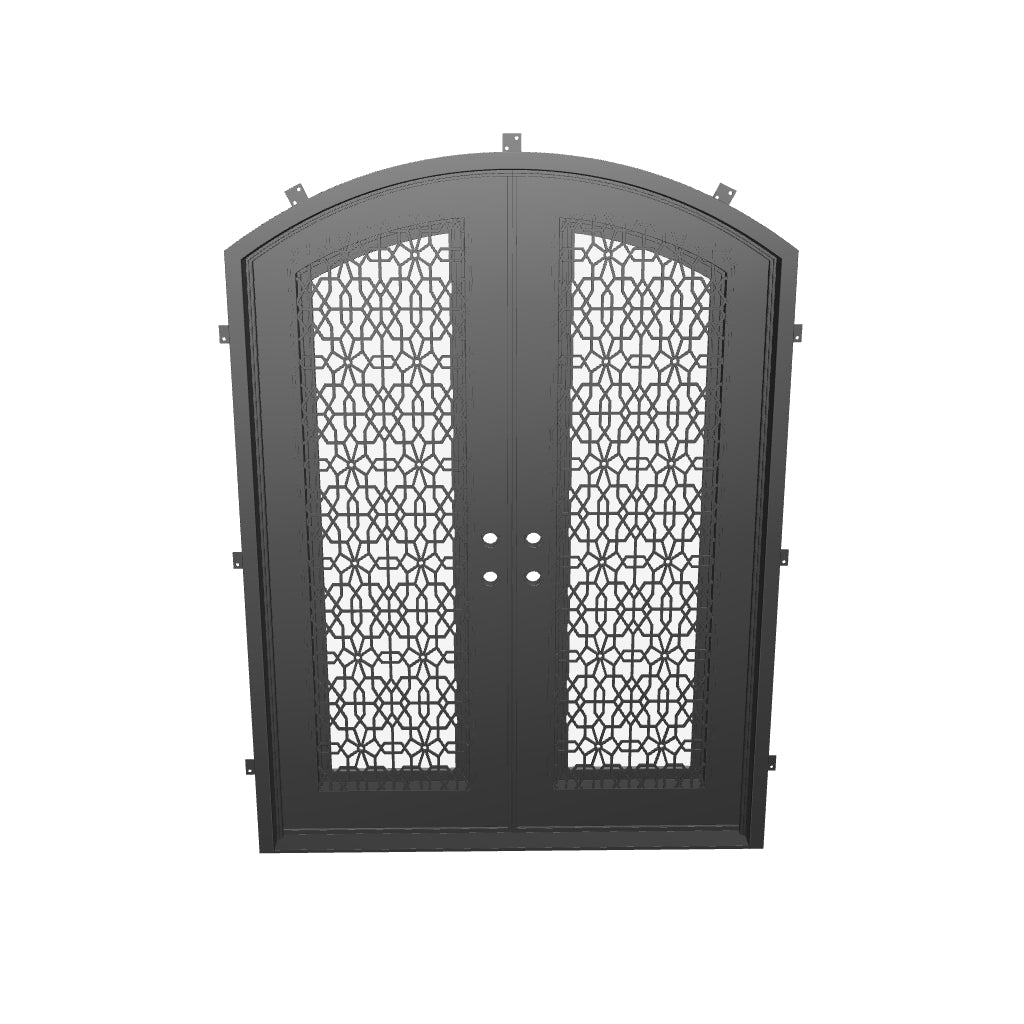 DNA’ Door bronze colored arched top metal double entry door with glass and thermal break.