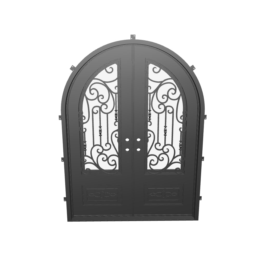 Golden Gate french full arch top door with decorative metalwork and glass in bronze.