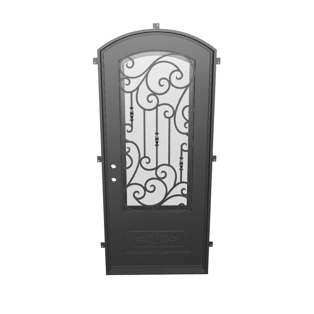 Golden Gate subtle arch top metal single entry door for cold weather.