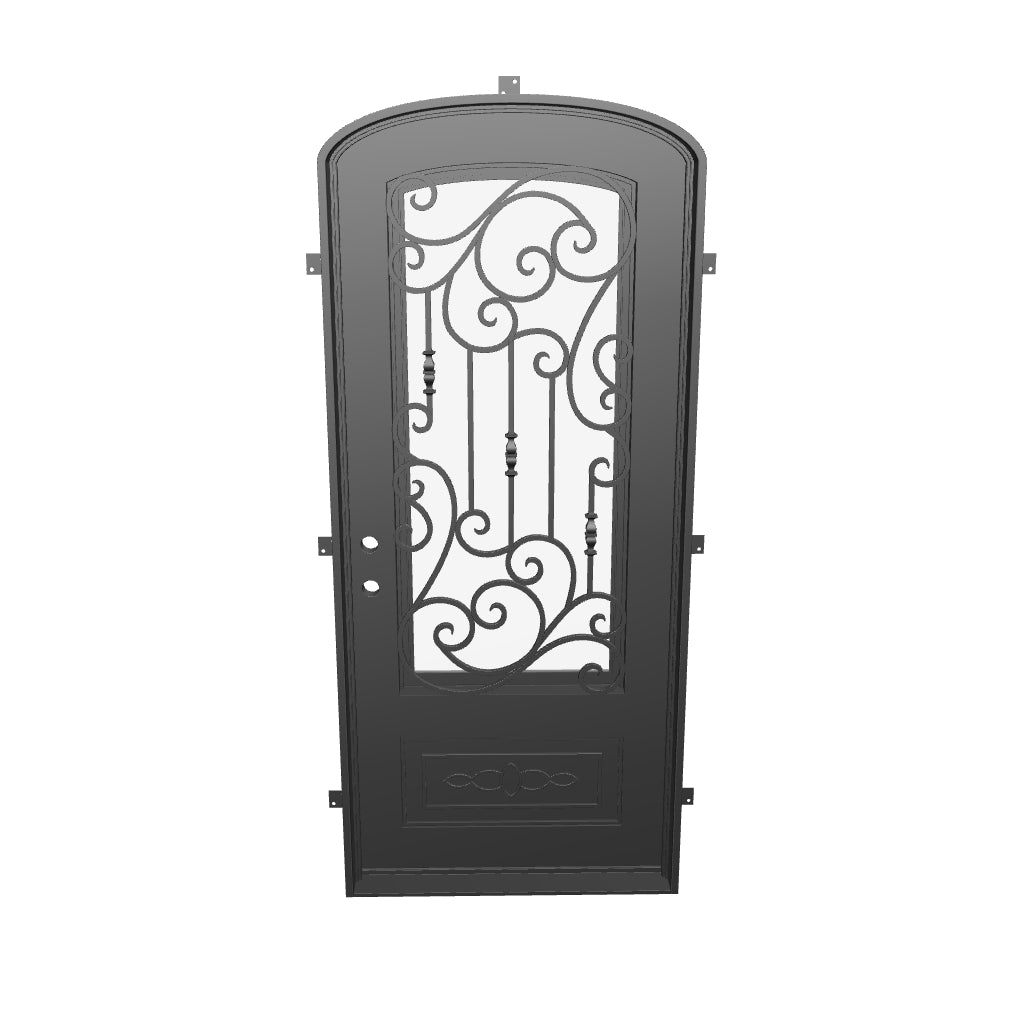 Golden Gate single mini arch top iron entry door with decorative scrollwork and glass.