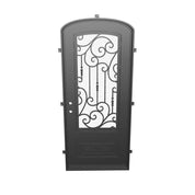 Golden Gate single mini arch top iron entry door with decorative scrollwork and glass.