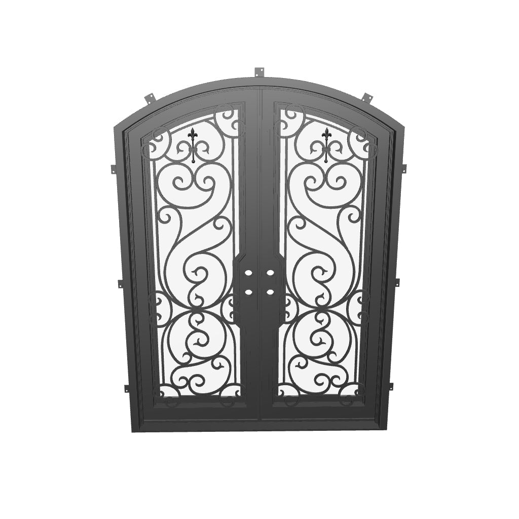 Hills arched design iron door with clear glass in bronze tone.