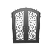 Hills arched design iron door with clear glass in bronze tone.