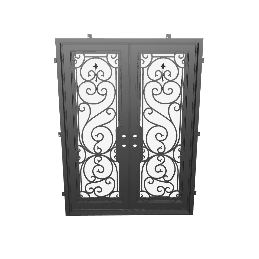 Hills bronze color iron double square top front door.