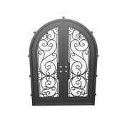Hills round top double hinged door with hand forged scrollwork and glass.