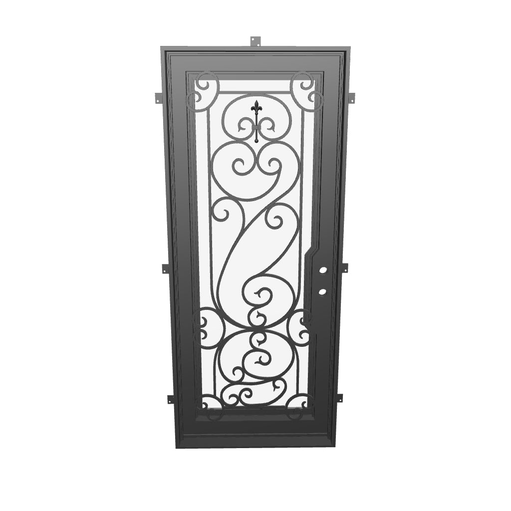 Hills Single flat top door with operable glass panel and decorative scrollwork.