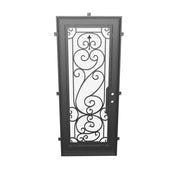 Hills Single flat top door with operable glass panel and decorative scrollwork.