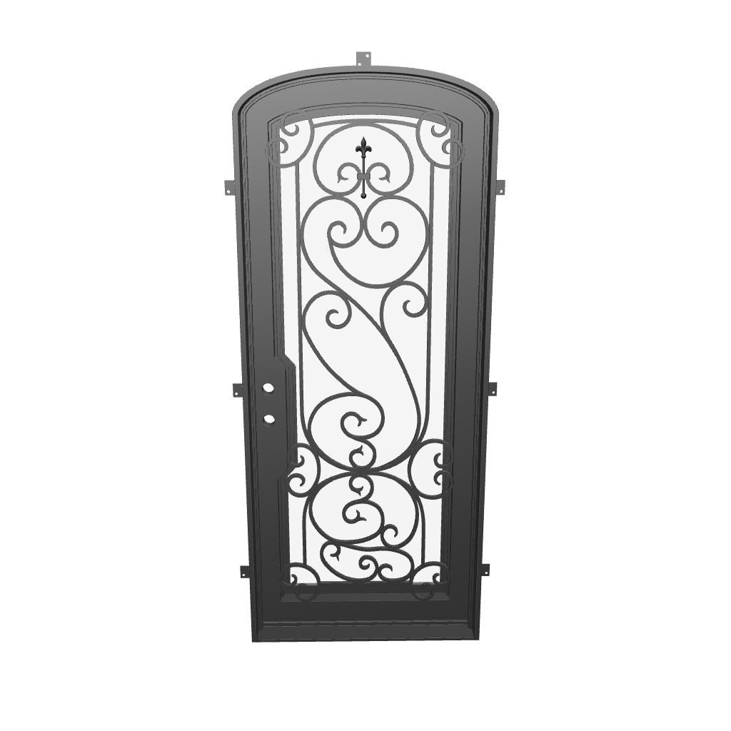 Hills black cold rolled metal mini arch top single door with decorative metalwork.